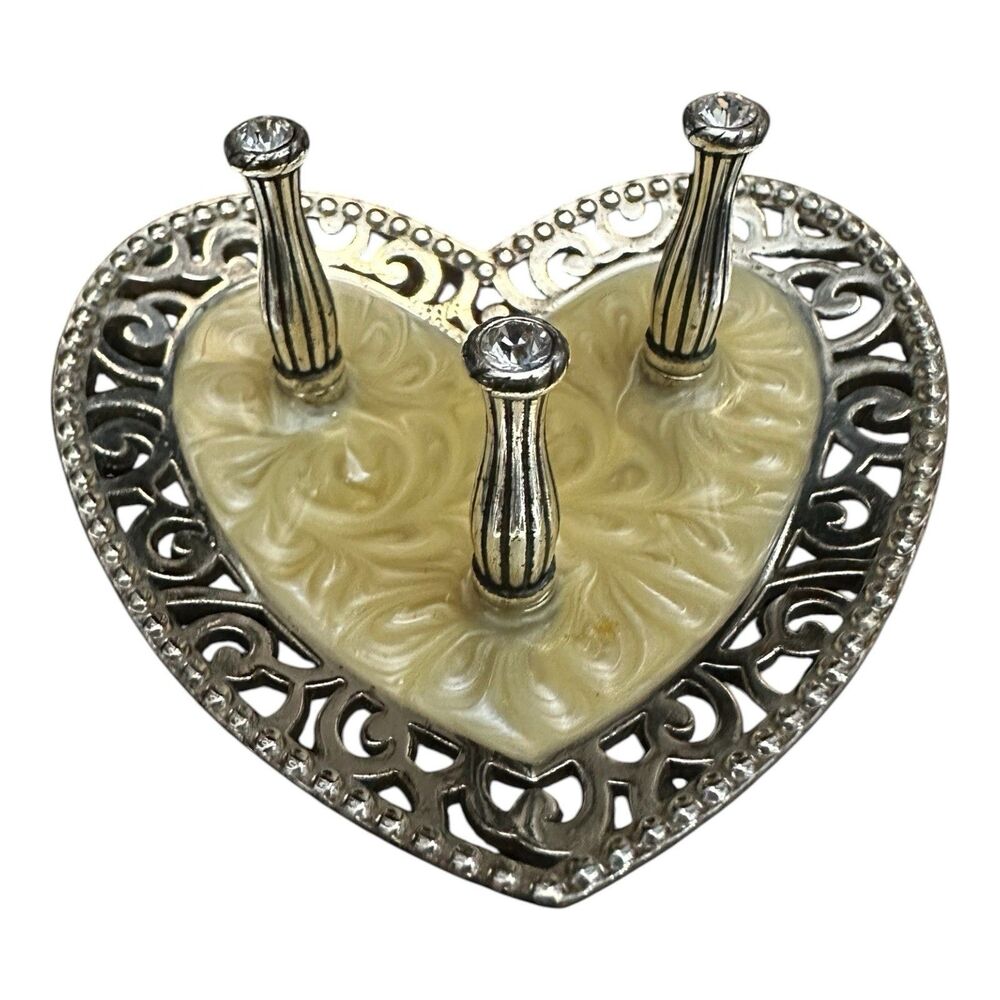 Brighton Lacie Daisy Heart Silver , Crystal & Enamel 3 Place Ring Holder